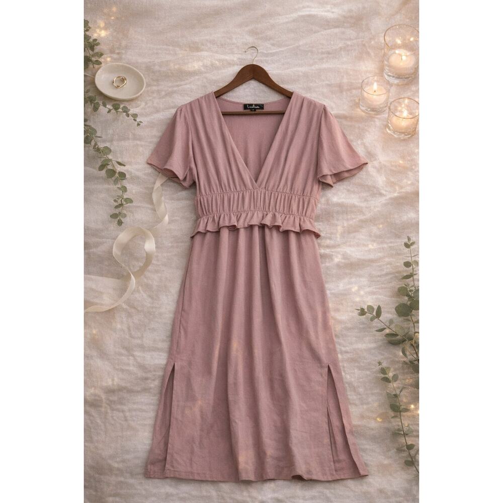 Lulus Midi Dress Womens M Mauve Cotton Flutter Sleeve V Neck Ruffle